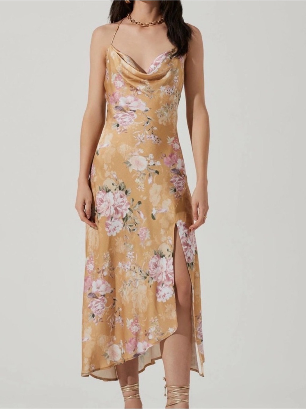 ASTR Mustard Floral Cowl Neck High-Low Slip Dress